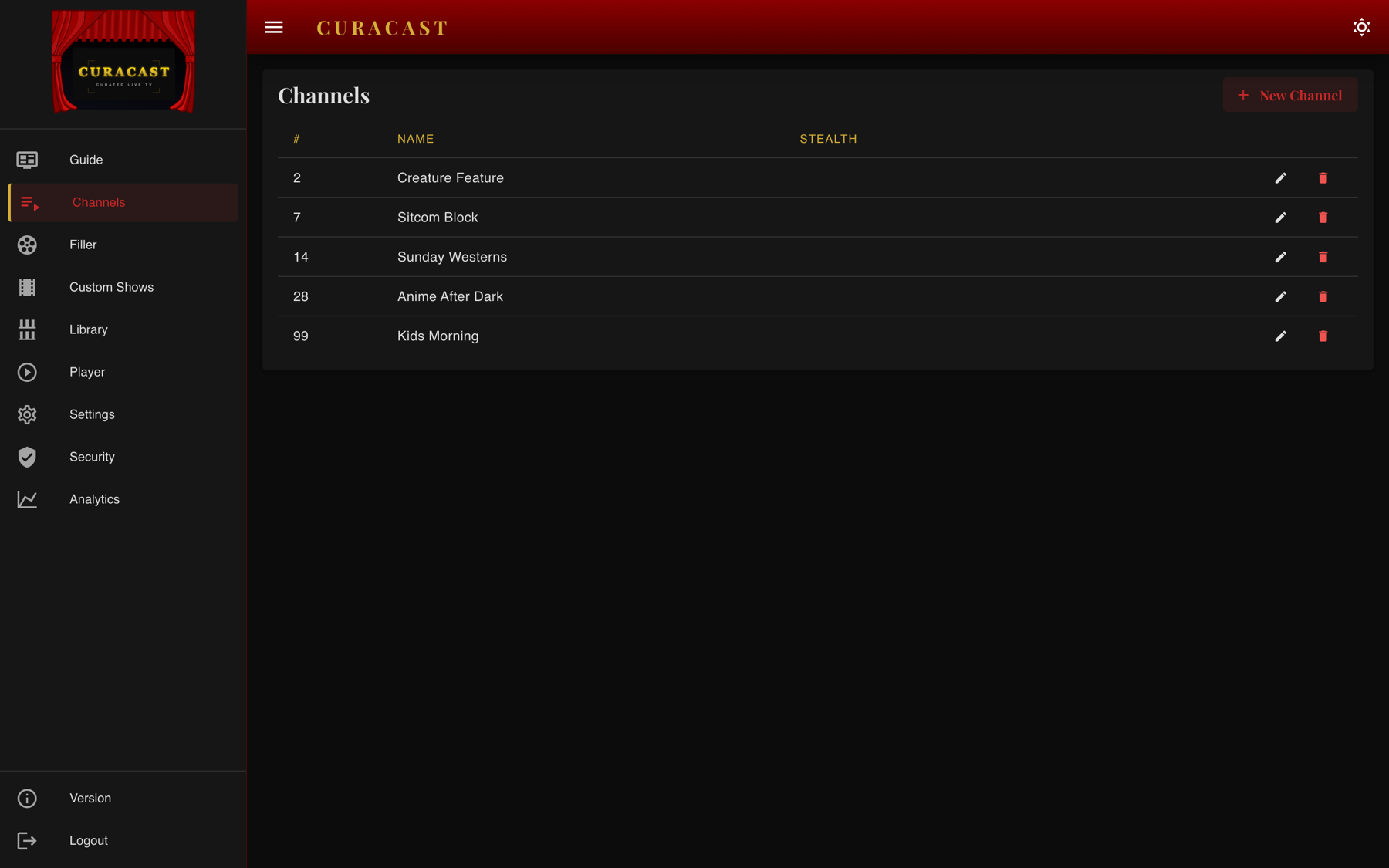 The Curacast channel list