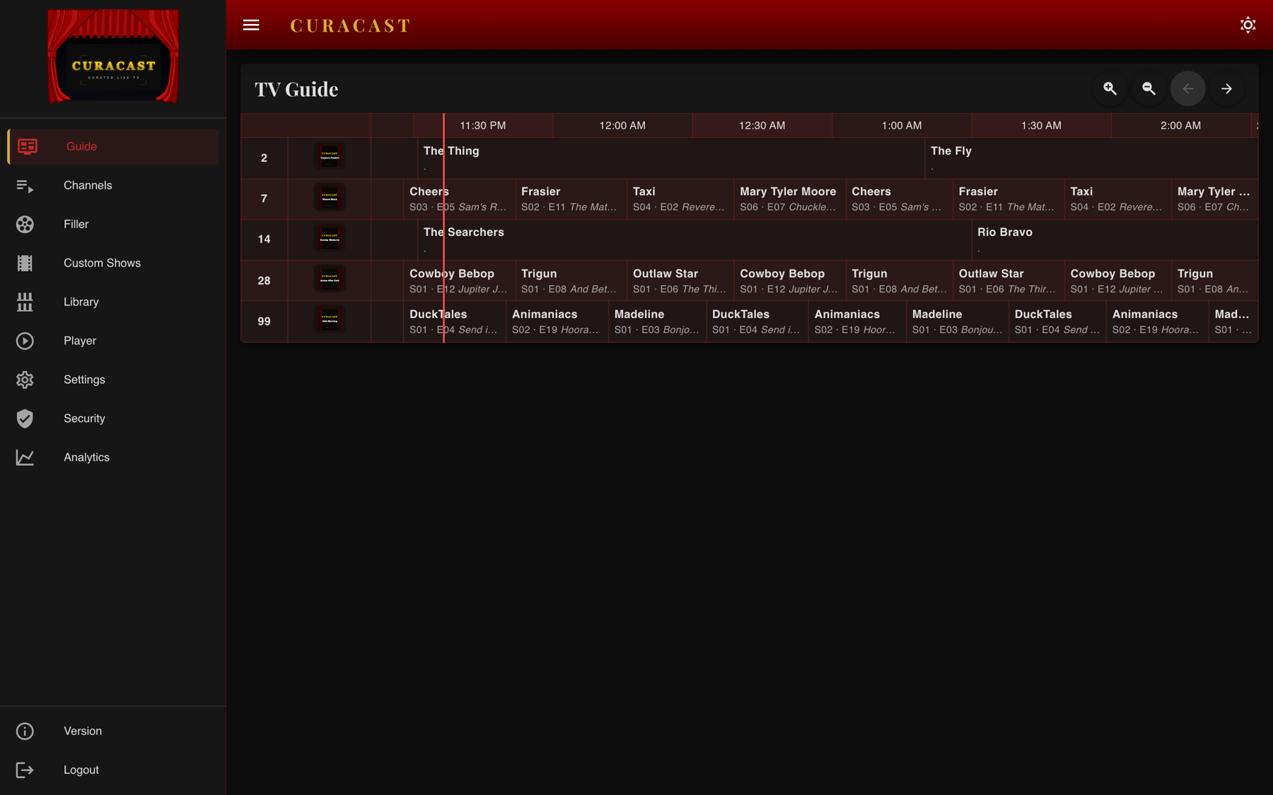 The Curacast programme guide showing five channels with scheduled films and episodes